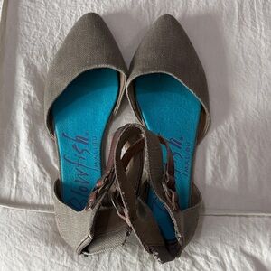 Blowfish taupe canvas pointed D'Orsay flats with turquoise insole